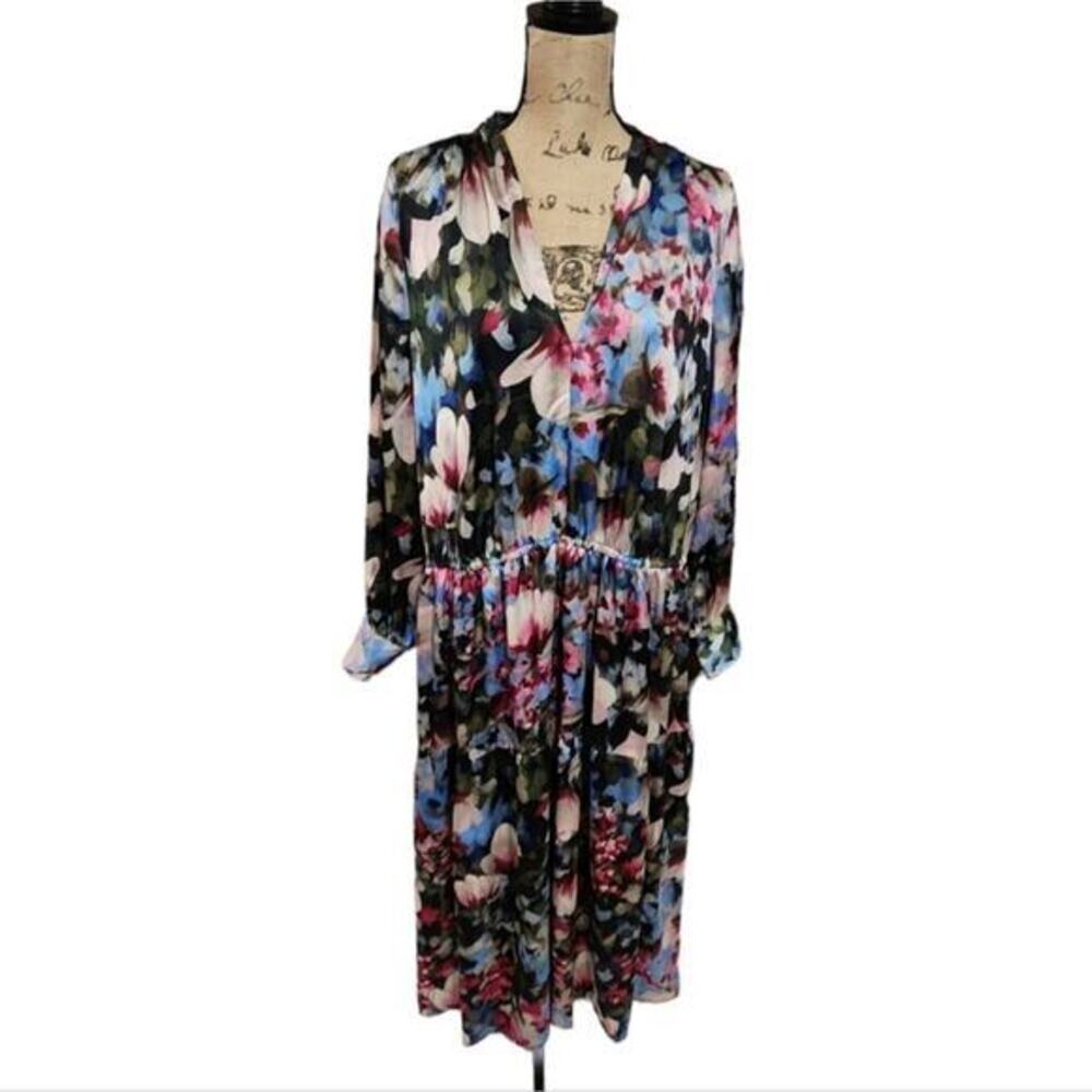 Anne Klein Floral V-Neck‎ Midi Dress Black Amaranth Multi Plus Size 3X NWT